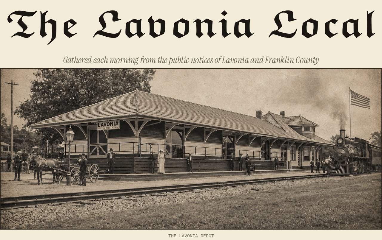 The Lavonia Local. Gathered each morning from the public notices of Lavonia and Franklin County. The Lavonia Depot.